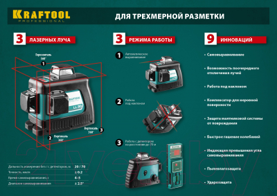 Лазерный нивелир Kraftool LL-3D-4 / 34640-4 (с держателем и детектором)