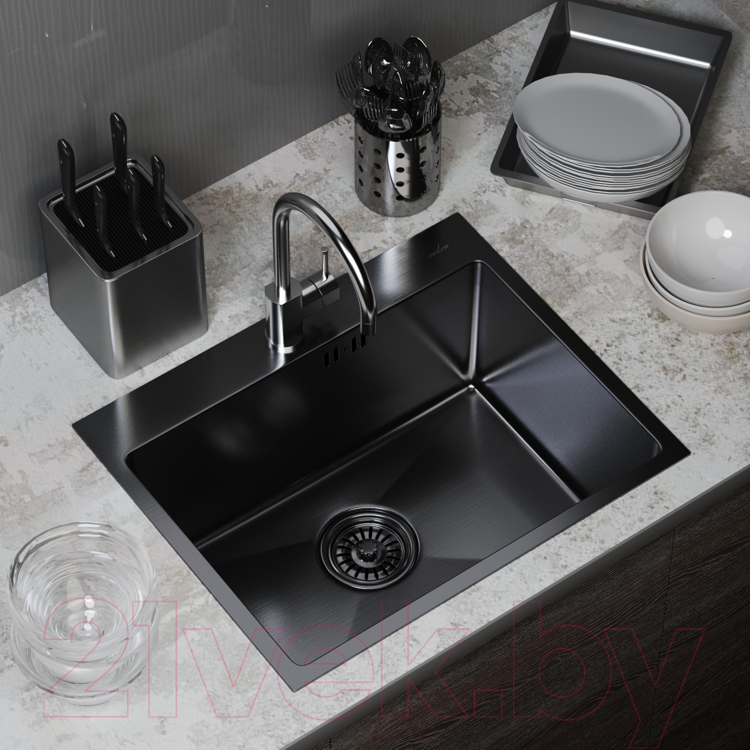 Мойка кухонная Mixline Pro 547234 (черный графит, с сифоном) — фото 4