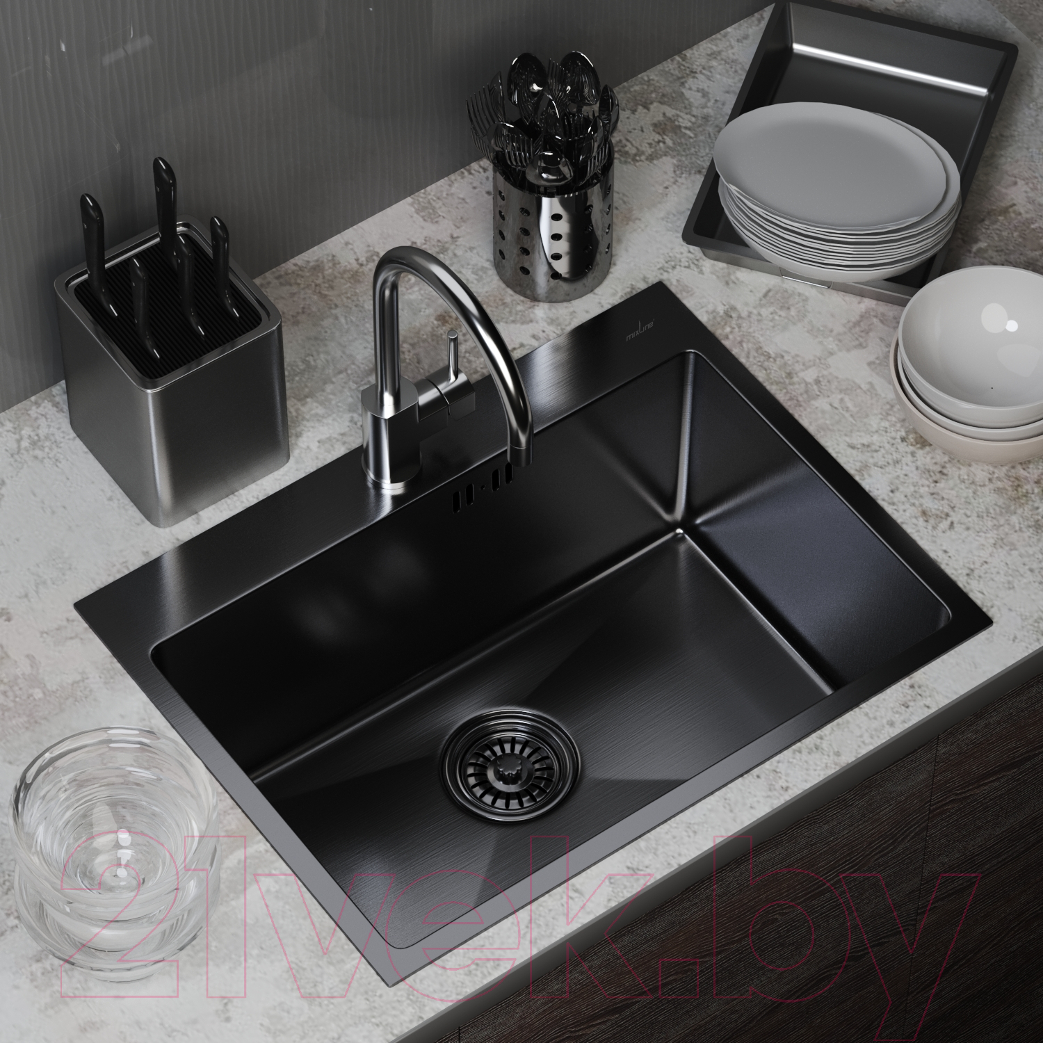 Мойка кухонная Mixline Pro 547236 (черный графит, с сифоном) — фото 4
