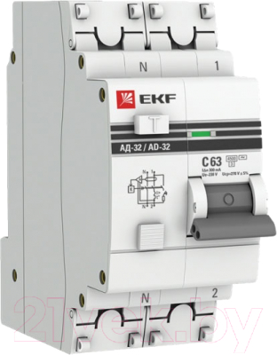 Дифференциальный автомат EKF PROxima АД-32 2P 63А (C) 300мА тип AC 4.5кА / DA32-63-300-pro
