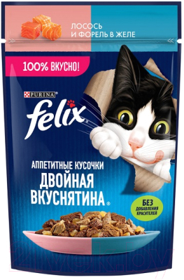 Влажный корм для кошек Felix Аппетитные кусочки. Двойная вкуснятина лосось и форель желе (75г)