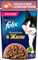 Влажный корм для кошек Felix Sensations с лососем в желе со вкусом трески (75г) - 