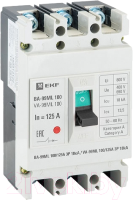 Выключатель автоматический EKF Basic ВА-99МL 100/125А 3P 18кА / mccb99-100-125mi