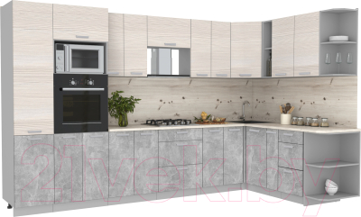 Готовая кухня Интерлиния Мила Лайт 1.88x3.4 правая без столешницы (вудлайн кремовый/бетон)