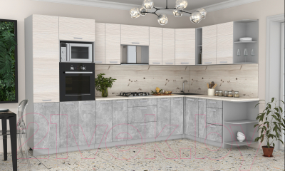 Готовая кухня Интерлиния Мила Лайт 1.88x3.4 правая без столешницы (вудлайн кремовый/бетон)