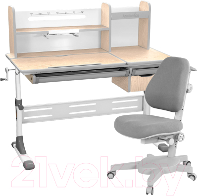 Парта+стул Anatomica Genius Armata с надстройкой, ящиком и подставкой для книг (клен/серый/серый)