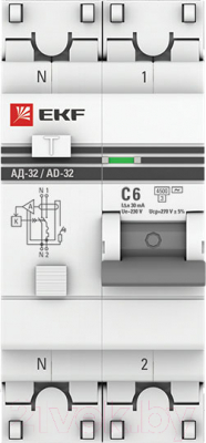 Дифференциальный автомат EKF PROxima АД-32 2P 6А (C) 30мА тип AC 4.5кА / DA32-06-30-pro