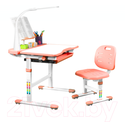 Парта+стул Anatomica Ara с подставкой для книг, светильником и выдвижным органайзером (белый/розовый)