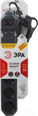 Сетевой фильтр ЭРА 5x1.5м 10А IP20 2xUSB ПВС 3x0.75 / Б0019036