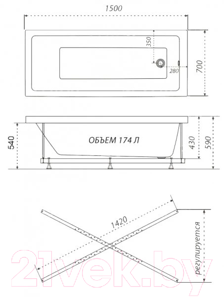 Ванна акриловая Triton Аура Базовая 150x70