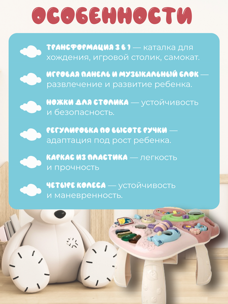 Ходунки-каталка Labalu Multifun 3 в 1 (розовый)