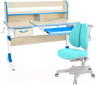 Парта+стул Anatomica Study-120 Lux Armata Duos с надстройкой, органайзером и ящиком (клен/голубой/голубой)