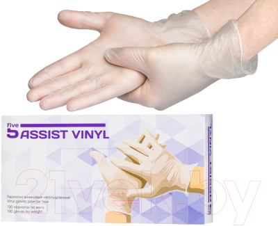 Перчатки одноразовые 5 Assist Vinyl Виниловые неопудренные (M, 100шт, белый)