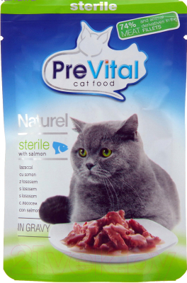 Влажный корм для кошек Prevital Naturel Sterile с лососем в соусе (85г)