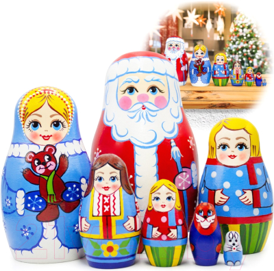 Матрешка сувенирная Брестская Фабрика Сувениров Дед Мороз, Снегурочка и дети 7149