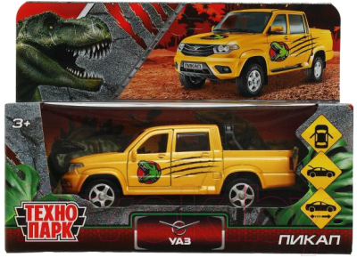 Автомобиль игрушечный Технопарк УАЗ Пикап Динозавры / PICKUP-12DIN-YE (желтый)