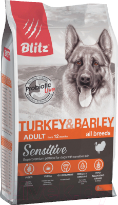 Сухой корм для собак Blitz Pets Sensitive Adult Turkey&Barley / 4208 (2кг)