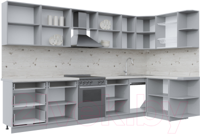 Готовая кухня Интерлиния Берес 1.5x3.4 правая (дуб полярный/дуб серый/травертин серый)