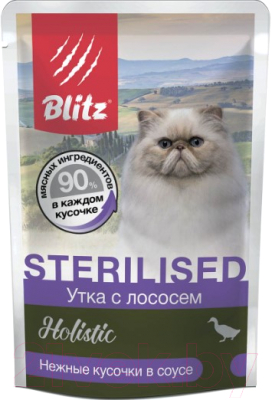 Влажный корм для кошек Blitz Pets Holistic Sterilised Утка с лососем Нежные кусочки в соусе / 4114 (85г)