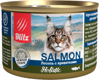 Влажный корм для кошек Blitz Pets Holistic Лосось с креветками Нежное суфле / 4108 (200г) - 