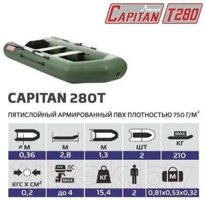 Надувная лодка Тонар Капитан 280Т (зеленый)