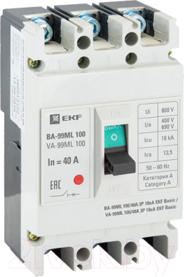 Выключатель автоматический EKF Basic ВА-99МL 100/40А 3P 18кА / mccb99-100-40mi