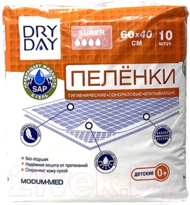 Набор пеленок одноразовых детских Modum Dry Day Super 60x40 (10шт)