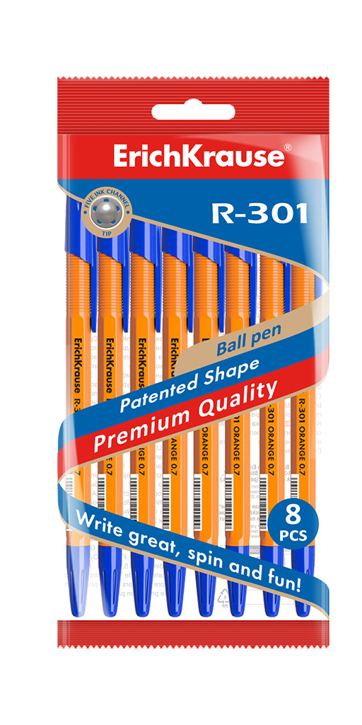 Набор шариковых ручек Erich Krause R-301 Orange Stick / 56614 (8шт, синий)