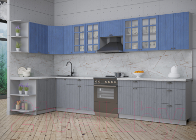 Готовая кухня Интерлиния Берес 1.5x3.7 левая (дуб лазурный/дуб серый/серый каспий)