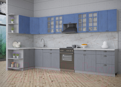 Готовая кухня Интерлиния Берес 1.5x3.8 левая (дуб лазурный/дуб серый/серый каспий)