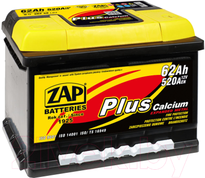 

Автомобильный аккумулятор ZAP, Plus R+ низкий 562 58