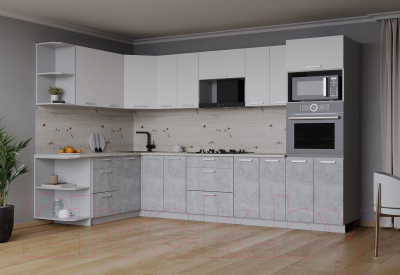 Готовая кухня Интерлиния Мила Лайт 1.68x3.0 левая (белый платинум/бетон/бискайская сосна)