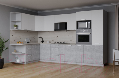 Готовая кухня Интерлиния Мила Лайт 1.68x3.2 левая (белый платинум/бетон/бискайская сосна)