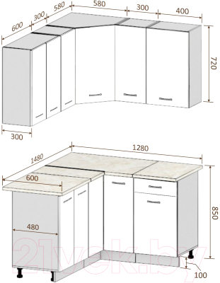 Готовая кухня Кортекс-мебель Корнелия Лира 1.5x1.3 (крем/капучино/дуб бунратти)
