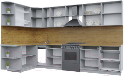 Кухонный гарнитур Интерлиния Берес 1.7x3.3 левая (дуб полярный/дуб серый/травертин серый)