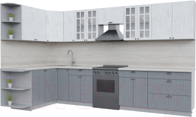 Кухонный гарнитур Интерлиния Берес 1.7x3.5 левая (дуб полярный/дуб серый/травертин серый)