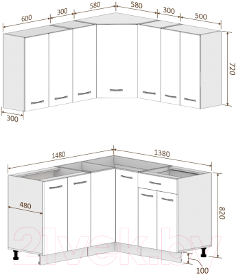 Готовая кухня Кортекс-мебель Корнелия Лира 1.5x1.4 без столешницы (дуб сонома)