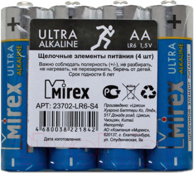 Комплект батареек Mirex LR6 AA 1.5V / 23702-LR6-S4 (4шт)