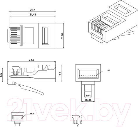 Коннектор Hyperline RJ45 8P8C 5E UTP PLUG-8P8C-U-C5-100 / 49377