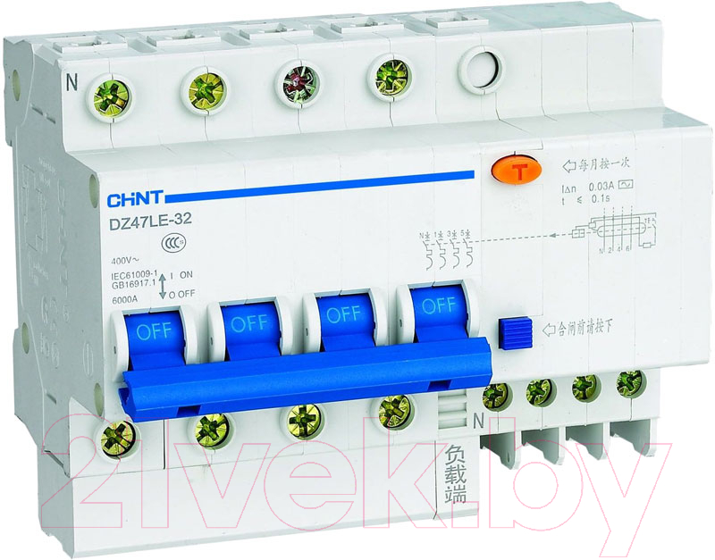 Дифференциальный автомат Chint DZ47LE-32 4P C 10А 30мА тип AC 6кА / 199640