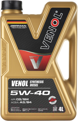 Моторное масло Venol Synthesis Diesel 5W40 CG/SM A3/B3/B4 (4л)