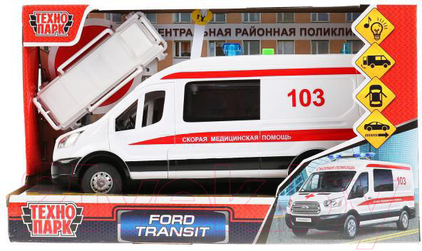 Автомобиль игрушечный Технопарк Ford Transit Скорая / TRANSITVAN-22PLAMB-WH