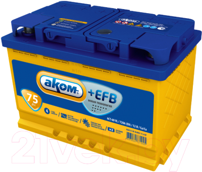 Автомобильный аккумулятор AKOM 6CT-75 EFB R+ (75 А/ч)