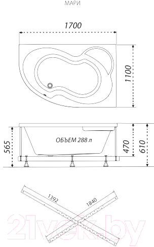 Ванна акриловая Triton Мари 170x110 L Базовая Flat