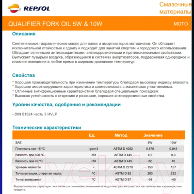 Индустриальное масло Repsol Qualifier Fork Oil 5W / RPP9000AHC (1л)