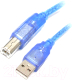 Кабель SIPU USB 2.0 4С Cu для принтера с оплеткой (1.5м, прозрачно-синий) - 