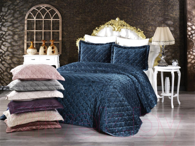 Набор текстиля для спальни Karven Mia Велюр Евро / Y 897 (темно-синий)
