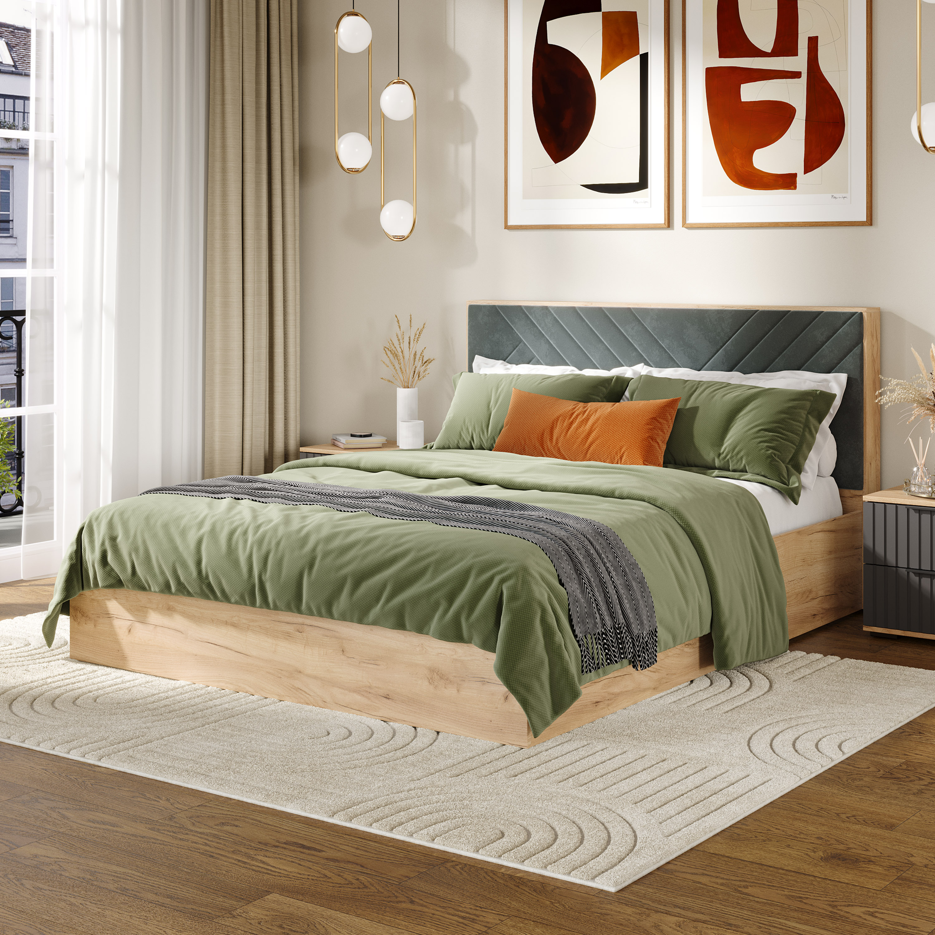 Двуспальная кровать ТриЯ Хилтон универсальная тип 1 с ПМ 160x200 (дуб крафт золотой/велюр серый) — фото 5
