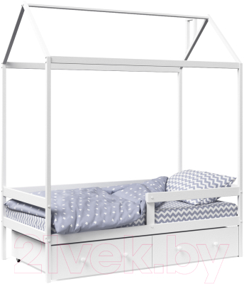 Стилизованная кровать детская Можга Домик Р424 с бортиком и ящиками (белый)