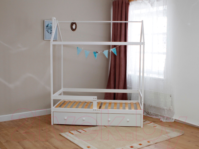Стилизованная кровать детская Можга Домик Р424 с бортиком и ящиками (белый)